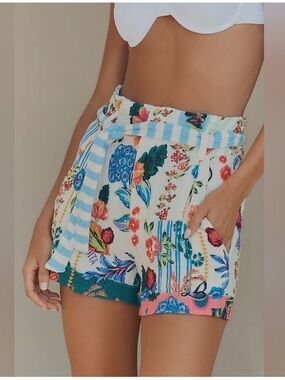 NWT Agua Bendita Addison Citrus striped-belted floral-print shorts